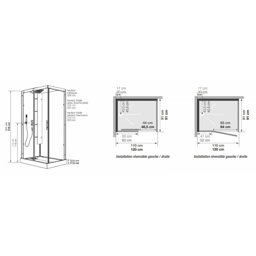 Cabine HORIZON 110 Hammam - Acier - Porte coulissante HORIZON 110-120Schéma