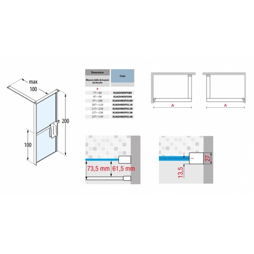 Paroi fixe KUADRA HWS avec porte-serviette Noir mat - 100cm - Droite KUADRA HWS Schéma