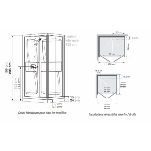 Cabine de douche Kineprime (18 cm) - 2 Portes - 90x90cm - Mécanique KINEPRIME 2 Portes Battantes