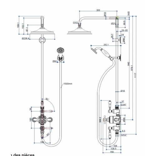 Colonne Thermostatique Rétro AVON - Poignée Blanche - Douche de tête 180mm BAF3S Schéma