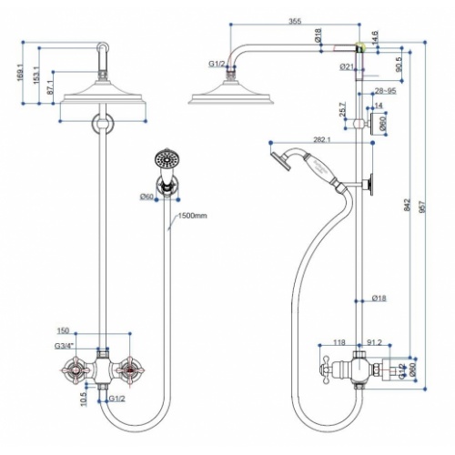 Colonne Thermostatique Rétro EDEN - Poignée Noire - Douche de tête 236mm EDEN schéma BEF2S