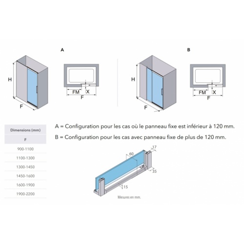 Paroi de douche VITA coulissante derrière mur - VA-211 Schéma technique AV-211