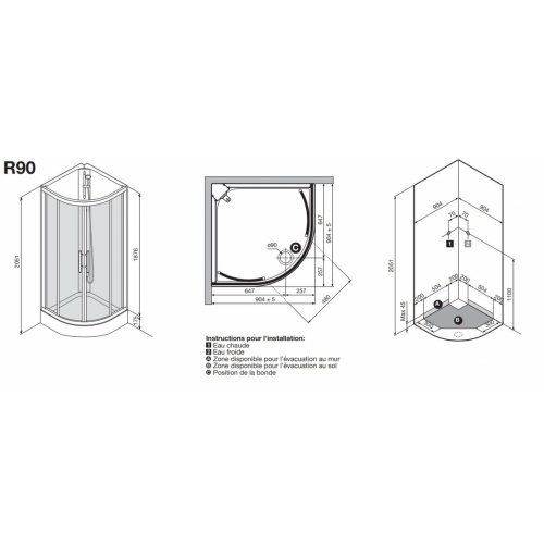 Cabine de douche 1/4 de rond CARAT 90x90 cm Thermostatique CARAT R90 Schéma