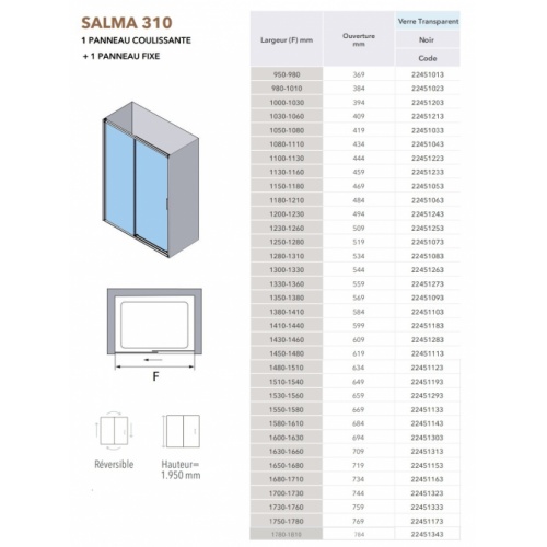 Paroi de douche coulissante SALMA 310 Noir - 100 cm SALMA 310 Schéma