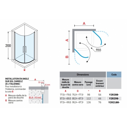 Paroi de douche 1/4 de rond YOUNG R2 LUX - Transparent - Silver - 100x100 cm YOUNG R2 LUX Schéma