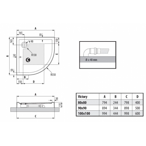 Receveur de douche 1/4 cercle VICTORY 90 x 90 cm Blanc Doux - H11.5 cm VICTORY 11 5