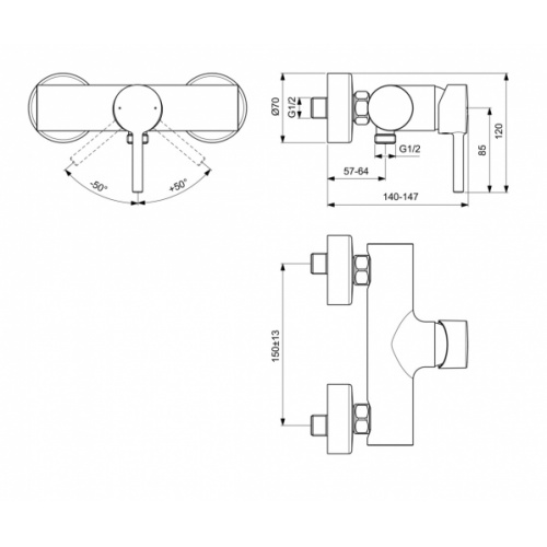 Mitigeur de douche mural CERALINE Noir Mat BC200 Schéma