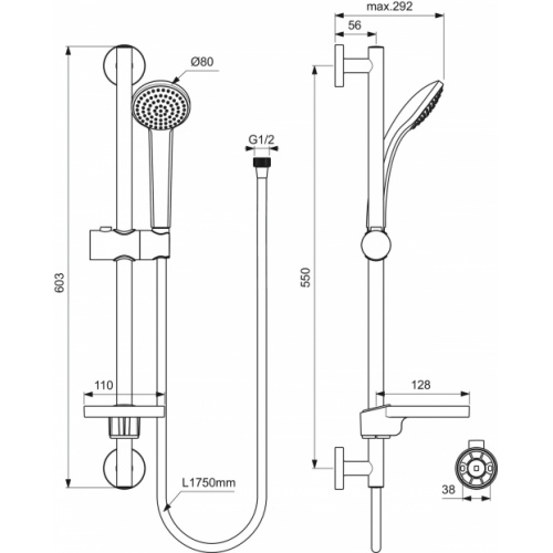 Ensemble de douche IDEALRAIN avec douchette 8 cm - 1 jet B9501 Schéma