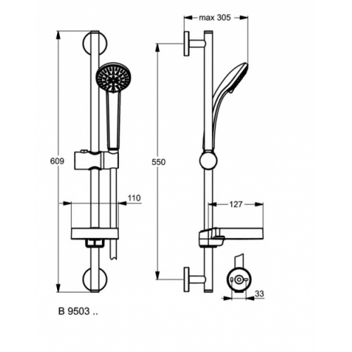 Ensemble de douche IDEALRAIN avec douchette 8 cm - 3 jets B9503 Schéma