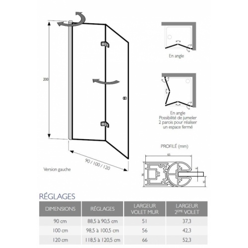 Paroi de douche ESCA repliable et pliante 90 cm - Gauche ESCA Schéma