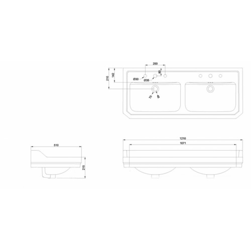 Vasque double 120 cm EDWARDIAN 3 trous B21 3TH Schéma