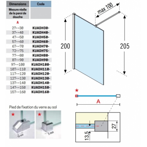 Paroi de douche Fixe + Volet pivotant KUADRA H2 130+37 Transparent KUADRA H Dimensions