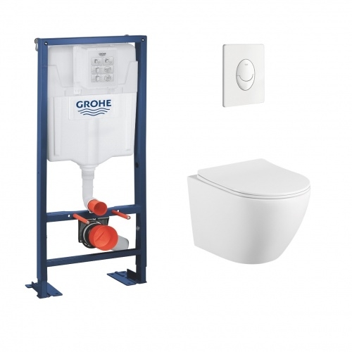 Pack WC Grohe Rapid SL + Cuvette sans bride KELOS Flush Blanc Mat + Plaque Skate Air Blanc