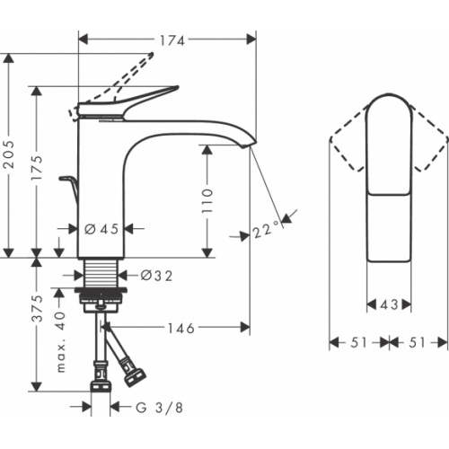 Mitigeur de lavabo VIVENIS 110 bec cascade Chromé avec vidage tirette* 75020000 Schéma