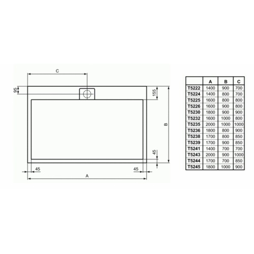 Receveur ULTRAFLAT S I.LIFE Blanc pur 70x70 cm I LIfe Bonde longueur Schéma