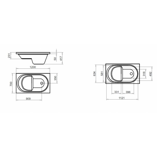 Baignoire Sabot ASTOR-S 120x70 cm ASTOR 120x70 Schéma