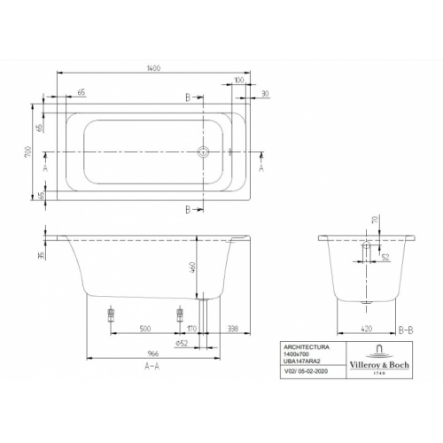 Baignoire à encastrer ARCHITECTURA 140x70cm SANS Tablier Architectura 140