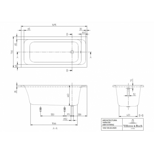Baignoire à encastrer ARCHITECTURA 150x70cm SANS Tablier Architectura 150