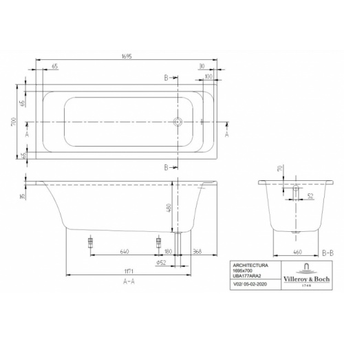 Baignoire à encastrer ARCHITECTURA 170x70cm SANS Tablier Architectura_170