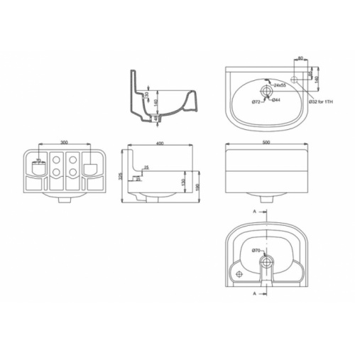 Lave-mains ARCADE 50 cm - 2 Trous de robinetterie ARC500 Schéma