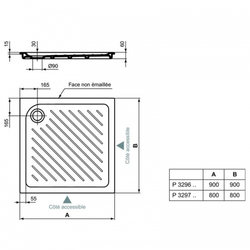 Receveur ULYSSE+ à encastrer en céramique - 90x90cm Schéma P3296-P3297 porcher