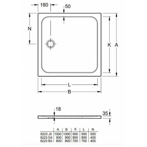 Receveur de douche LIFETIME PLUS en céramique Blanc - 80x80 cm LIFETIME+ Schéma carré