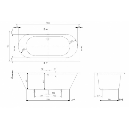 Baignoire rectangulaire O.NOVO Duo 190x90cm SANS Tablier UBA190CAS2V-01