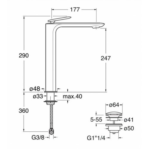 Mitigeur de lavabo haut FOIL avec vidage up&down Chromé FL222 Schéma