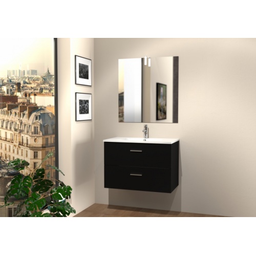 Meuble simple vasque RIO 80cm Noir Structuré avec Miroir Slim -En Kit **