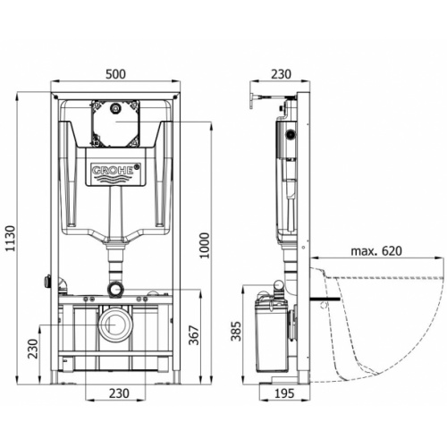 Broyeur WATERWALL adaptable avec bâti-support GROHE Waterwall Schéma