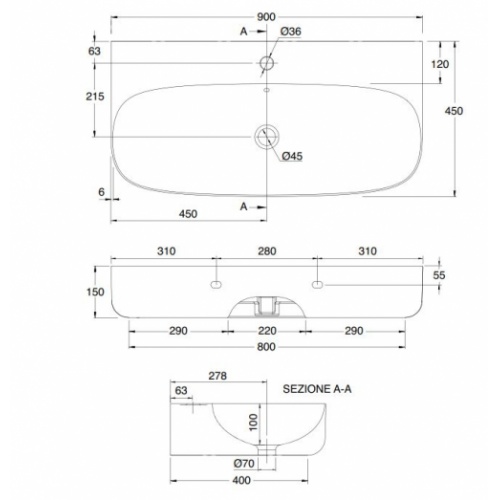 Lavabo à poser ou à suspendre MOON L90cm 5509_schéma