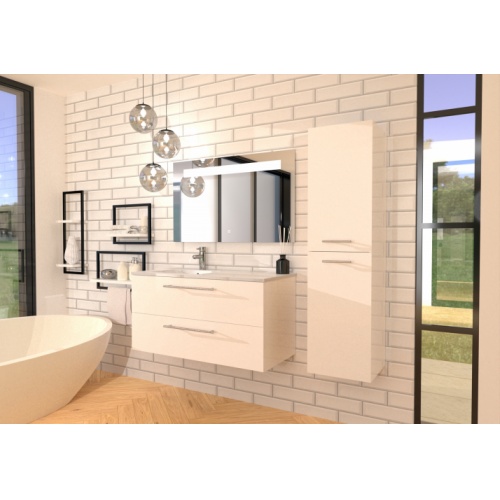 Meuble NEPTUNE Blanc 100cm -Vasque à Gauche - Miroir antibuée Kathy