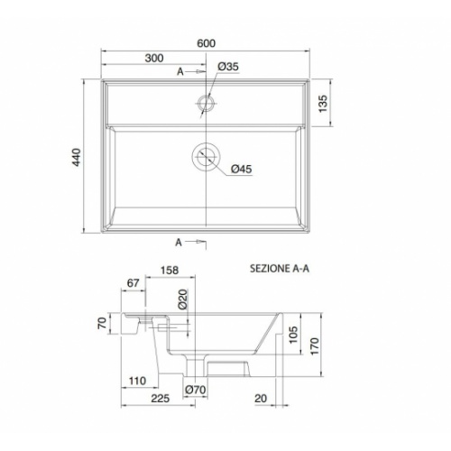 Vasque semi-encastrée TEOREMA 2.0 L60 Blanc brillant 5109_Schéma