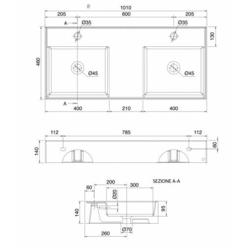 Vasque à poser ou à suspendre TEOREMA 2.0 100 cm - Double vasque 5142 schéma