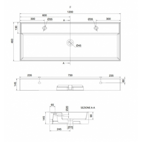 Vasque à poser ou à suspendre TEOREMA 2.0 120 cm - 1 trou - Noir Mat 5107R-120B Schéma