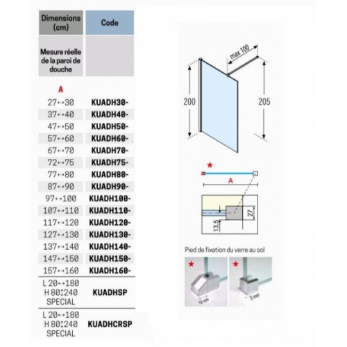 Paroi de douche Fixe + Volet pivotant KUADRA H2 100+37 sérigraphié KUADRA Tailles