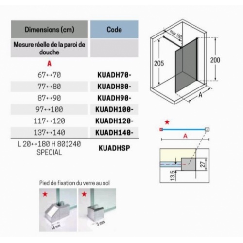 Paroi de douche Fixe KUADRA H FUME Bande noire 100 cm - Profilé Noir KUADRA Fumée Taille