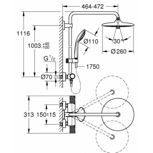 Colonne de douche thermostatique EUPHORIA SYSTEM 260 27615002_Schéma