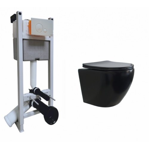 Pack WC Bâti-support universel + Cuvette sans bride KELOS Flush Noir Mat + Plaque Blanche