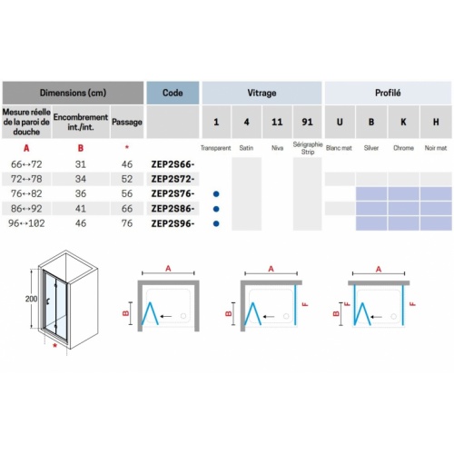 Paroi de douche pliante ZEPHYROS 2.0 S Transparent - Silver - 100cm Zephyros 2 0 S Schéma