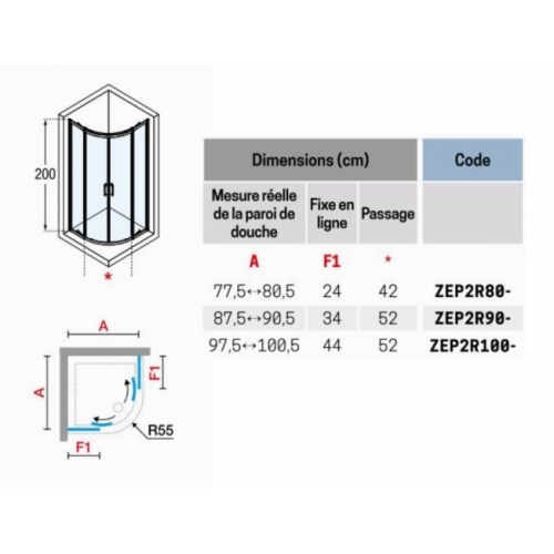 Paroi 1/4 de cercle ZEPHYROS R 2 portes coulissantes et 2 fixes en alignement - Silver - 80x80 cm ZEPHYROS 2 0 R Schéma