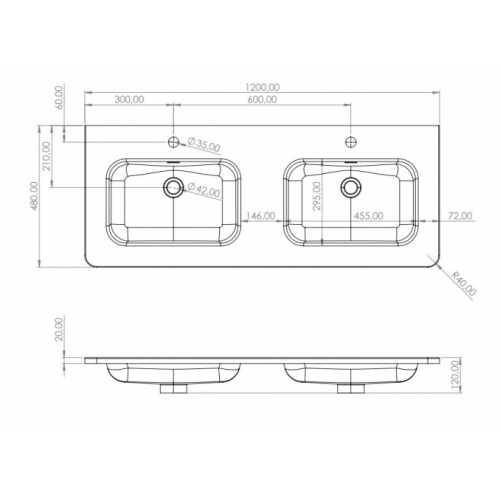 Meuble double vasque LUNA Blanc brillant 120cm sans miroir Plan vasque LUNA 120