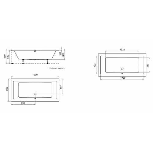 Pack baignoire NUBEA 190x90 avec tablier Façade NUBEA 190 Schéma