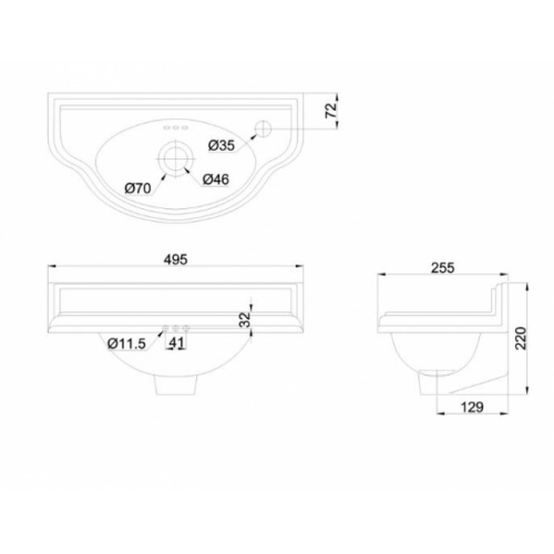 Lave-mains Rétro Arrondi Burlington - 1 Trou P13R_Schéma