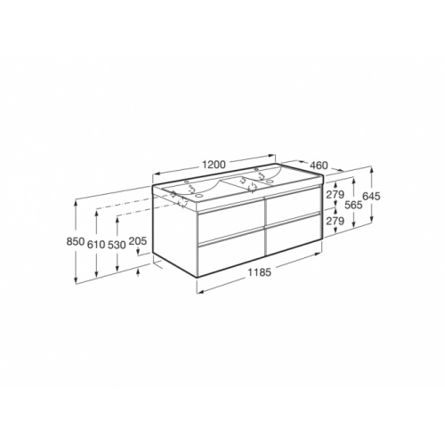 Meuble double vasque ONA Vert Mat 4 tiroirs 120 cm ROCA_TechnicalDrawings_A851694513_TechDrawingPicture