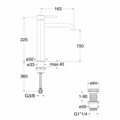 Mitigeur lavabo Inox mi-haut PIX ONDYNA PX22728 PX227 Schéma