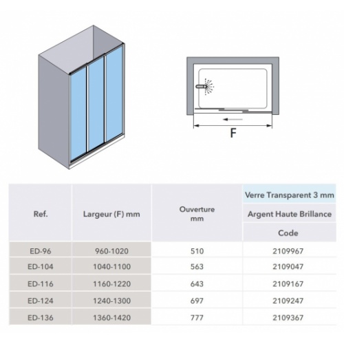 Paroi de douche coulissante EDDY Transparent - Argent - 96cm EDDY Schéma Transparent