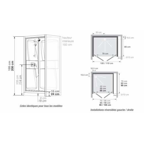 Cabine KINEPRIME en niche 2 portes battantes - 9 cm - Mécanique - 70x70cm KINEPRIME Niche Battante