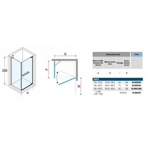 Paroi de douche d'angle N180 G+F - Or Brillant - 78.4cm N180G+F