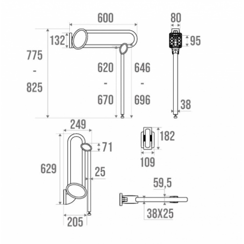 Barre relevable avec béquille de soutien Blanc et Chromé mat - 600 mm 048661_Schéma